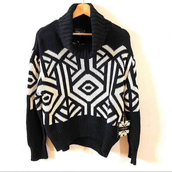 Sweaters - Cliche Black & Ivory Cowl Neck Geo Sweater XS